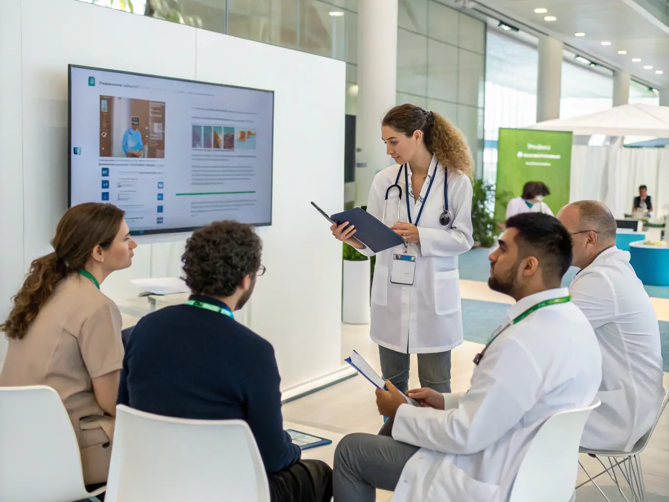 A panel discussion at an oncology event, showing three experts discussing a case study, with audience members visible in the background.