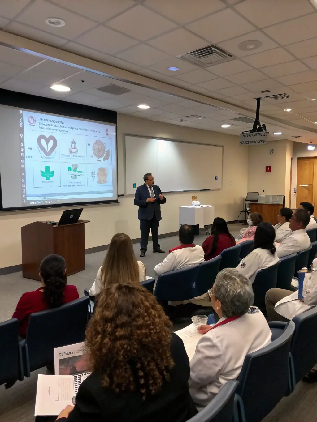 A medical professional delivering a lecture on targeted therapy for lung cancer, with detailed slides and annotations visible on a screen behind them.