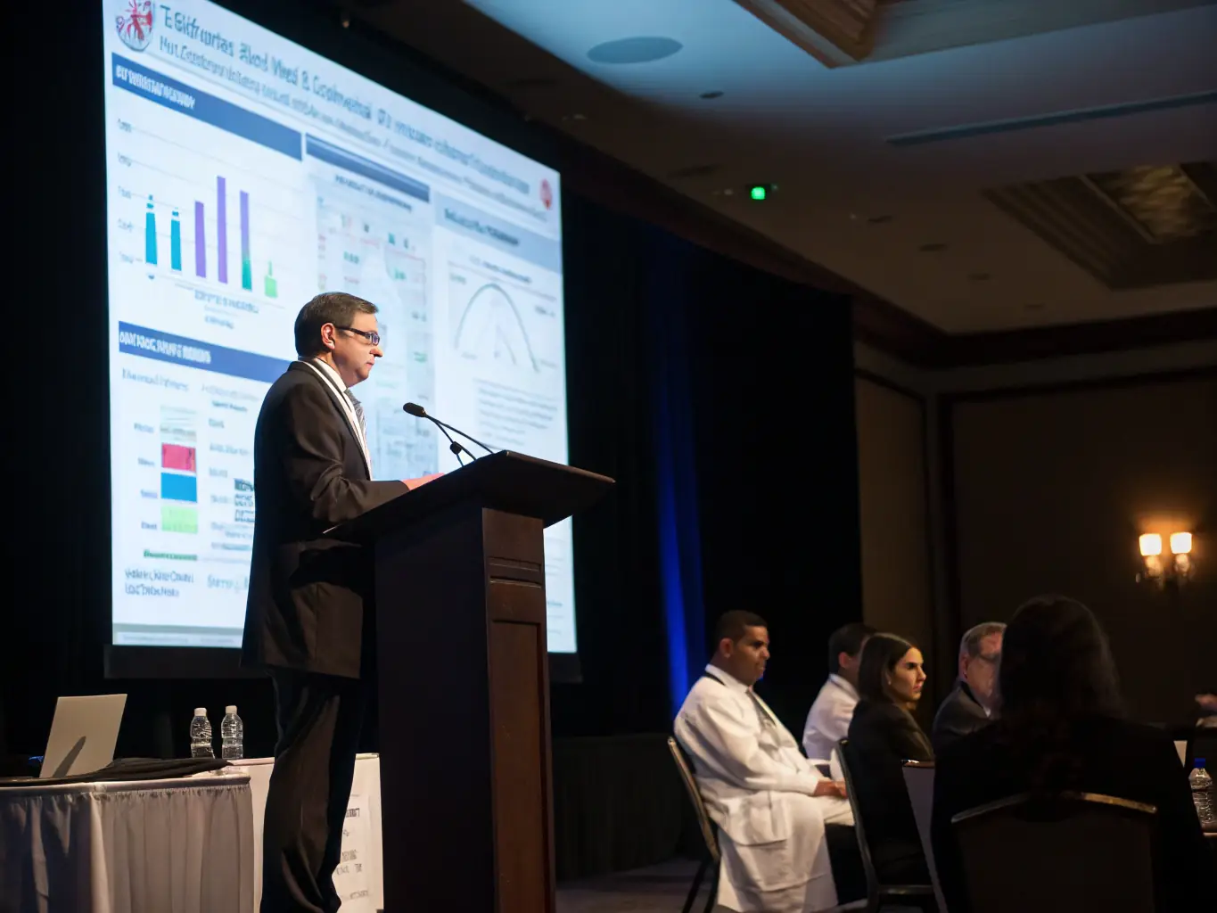 A keynote speaker presenting data on personalized medicine at a major oncology conference, with a large screen displaying key findings.