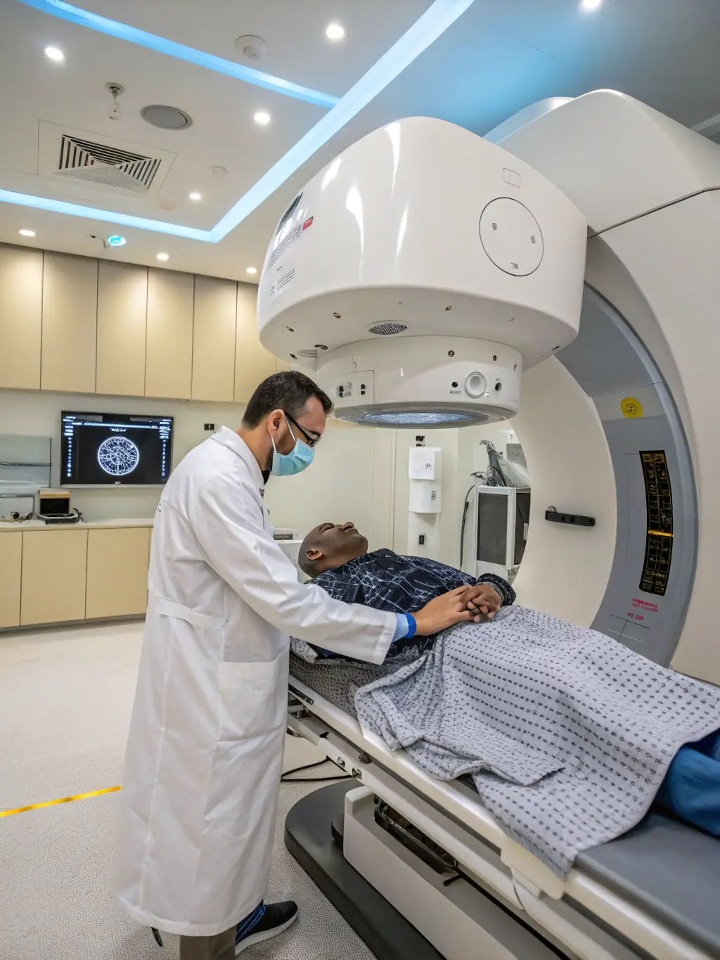 A radiation oncologist explaining radiation therapy techniques to a patient, using a 3D model of the tumor.