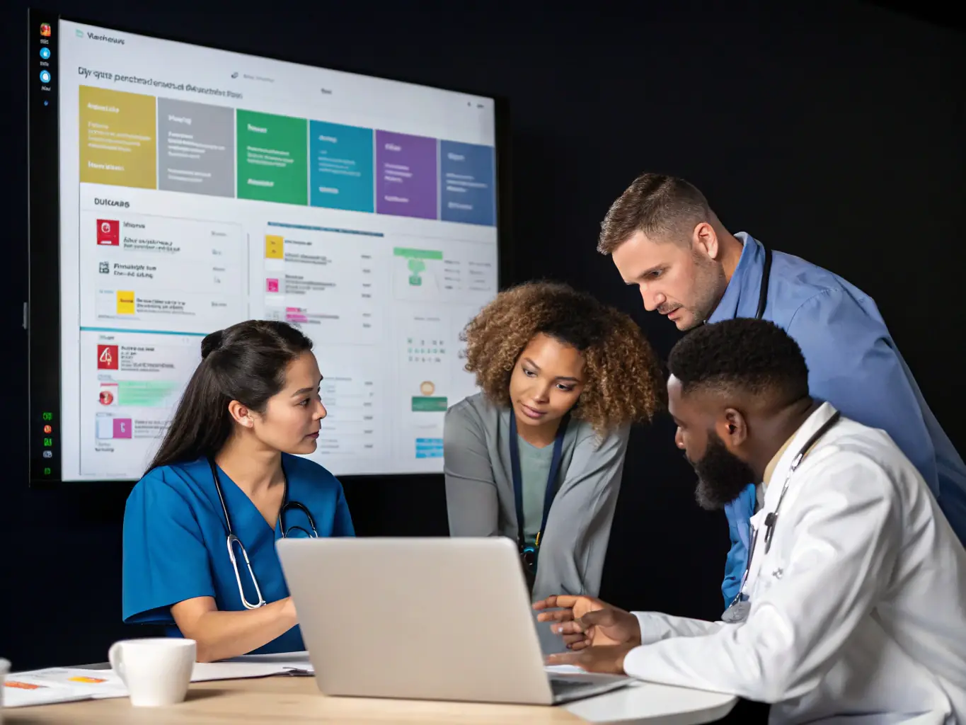 A podcast cover art depicting a diverse panel of oncologists in a virtual meeting, discussing treatment strategies and patient care, with a focus on collaborative decision-making in oncology.